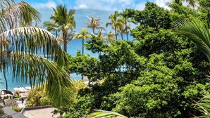Un complexe hôtelier tropical luxuriant, avec une végétation abondante, des palmiers et une vue sur l’océan.