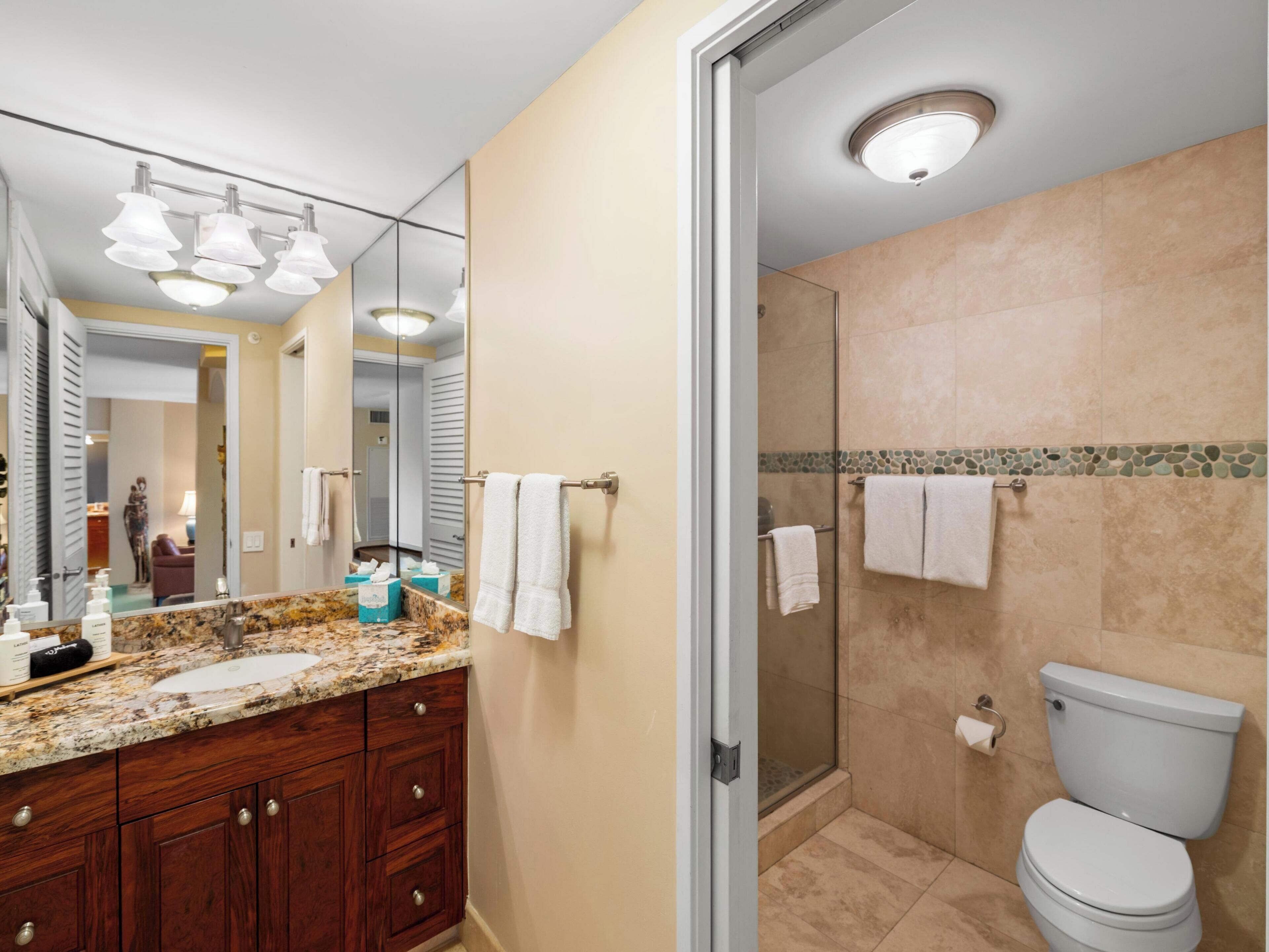Une salle de bain avec un comptoir en marbre, des meubles en bois, une cabine de douche en verre et des toilettes.