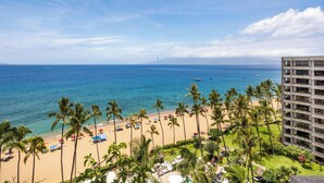 A beach view with palm trees, a pool, and a building with balconies. - Ocean Views from the Top Floor - Kaanapali Alii 4112 (Lahaina)