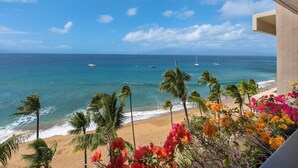 Une vue sur la plage, avec des palmiers et des fleurs aux couleurs vives, une plage de sable et l’océan parsemé de bateaux.