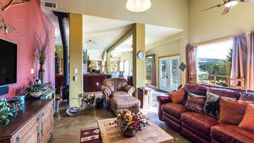 TV, fireplace, books, stereo