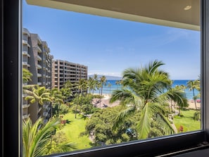 Blick vom Hotelzimmerfenster auf einen Strand, Palmen und ein mehrstöckiges Gebäude.