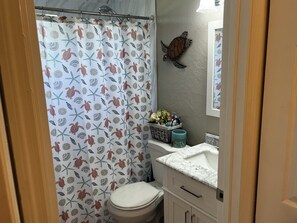 Hair dryer, towels, soap, toilet paper