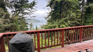 Eine Holzterrasse mit Metallgeländer, einem überdachten Grill und Blick auf Wald und Wasser.