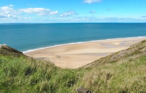Paisagem costeira com uma praia arenosa e falésias gramadas.