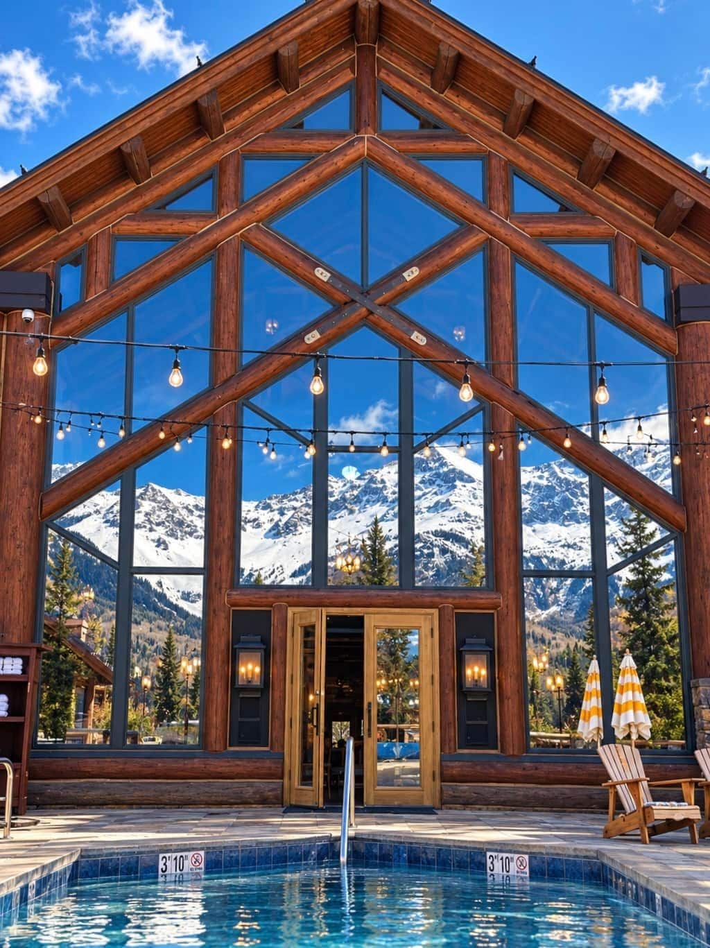 A wooden lodge with a large pool and mountain views.