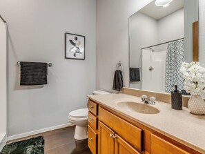 Hair dryer, towels, soap, toilet paper