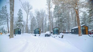 Camino cubierto de nieve que lleva a tres cabañas modernas con grandes ventanales, rodeadas de árboles.
