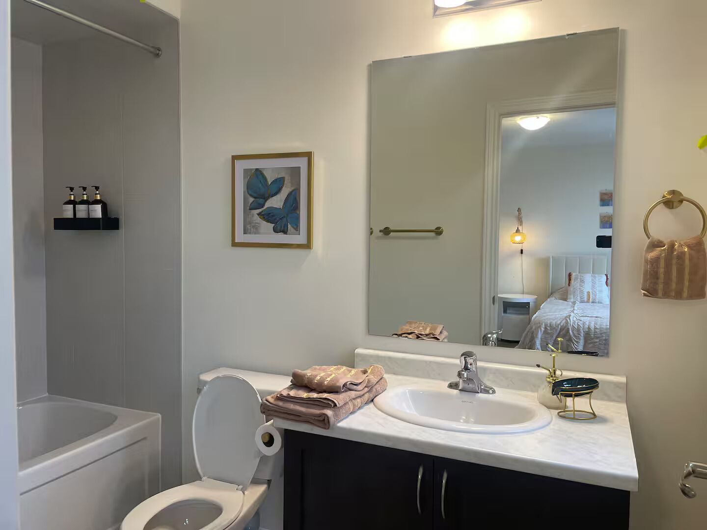 Een badkamer met toilet, wastafel en douche. Er hangt een lijst met kunstwerk aan de muur, een handdoekhouder en een spiegel die de ruimte weerspiegelt.