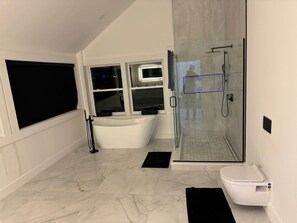 Shower, hair dryer, towels, soap