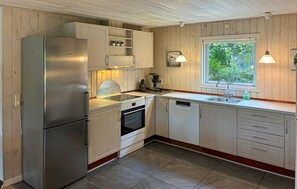 Fridge, stovetop, dishwasher, coffee/tea maker