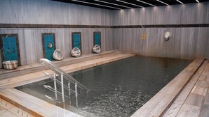 A large indoor swimming pool with a glass barrier and a metal ladder. - Altuncu Premium Termal Hotel (Armutlu)