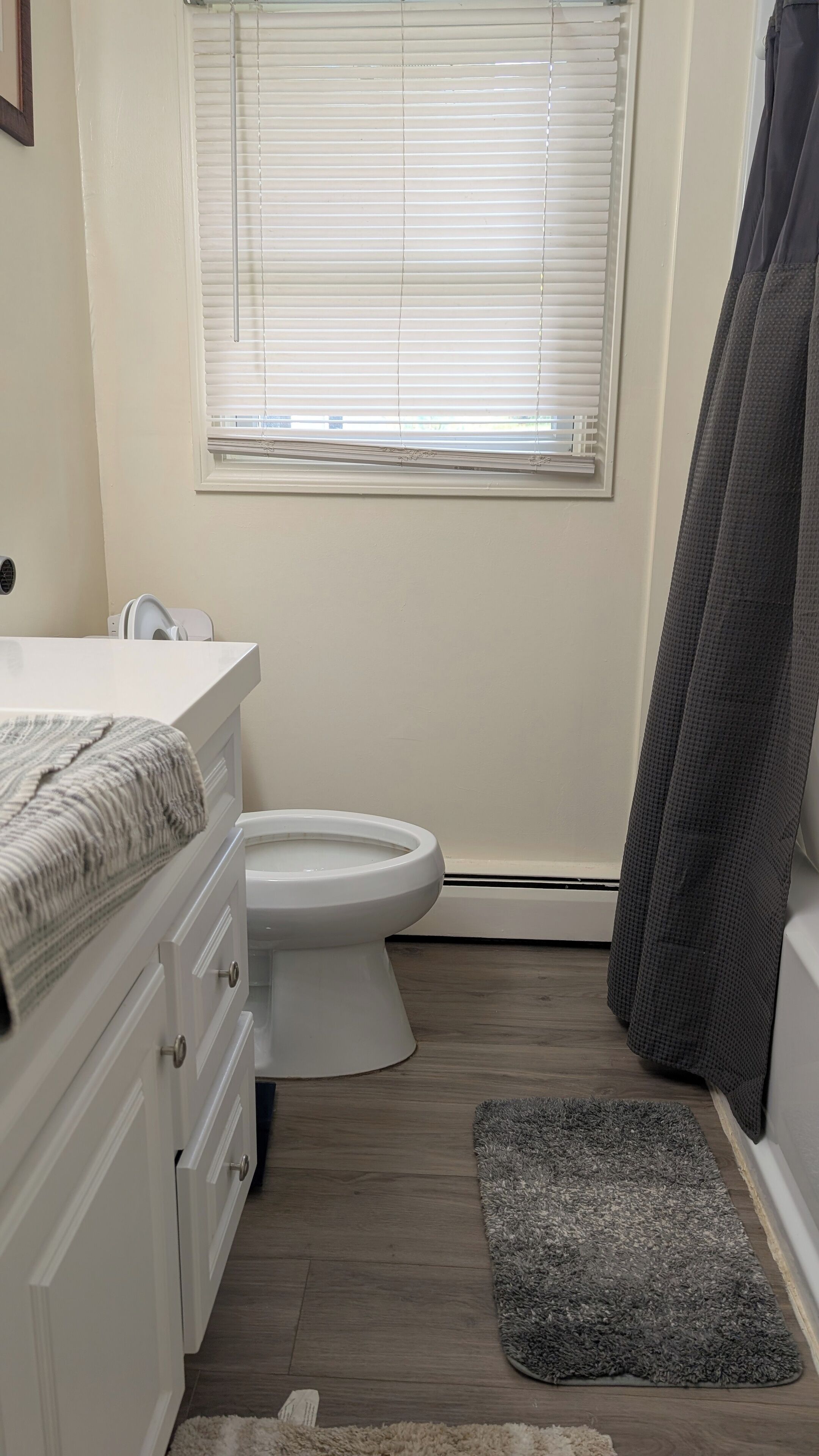 A small bathroom with a toilet, a sink, and a shower curtain.