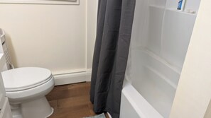 Hair dryer, towels, soap, toilet paper