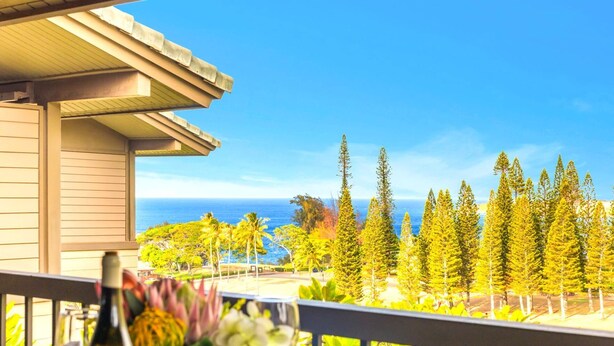 Ein Balkon mit Blick auf das Meer und Bäume.