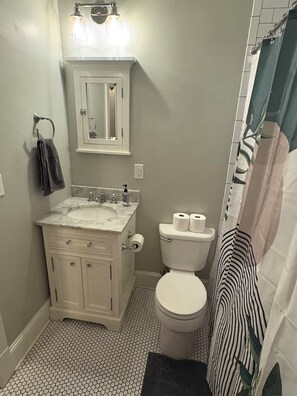 A bathroom with a white vanity, a toilet, and a shower curtain. - Spacious, Family Friendly 4BR, 5Qn Beds with Garage in Columbus (Columbus)