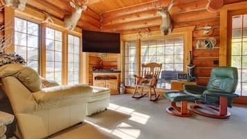 TV, fireplace, books, stereo