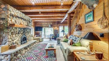 TV, fireplace, books, stereo