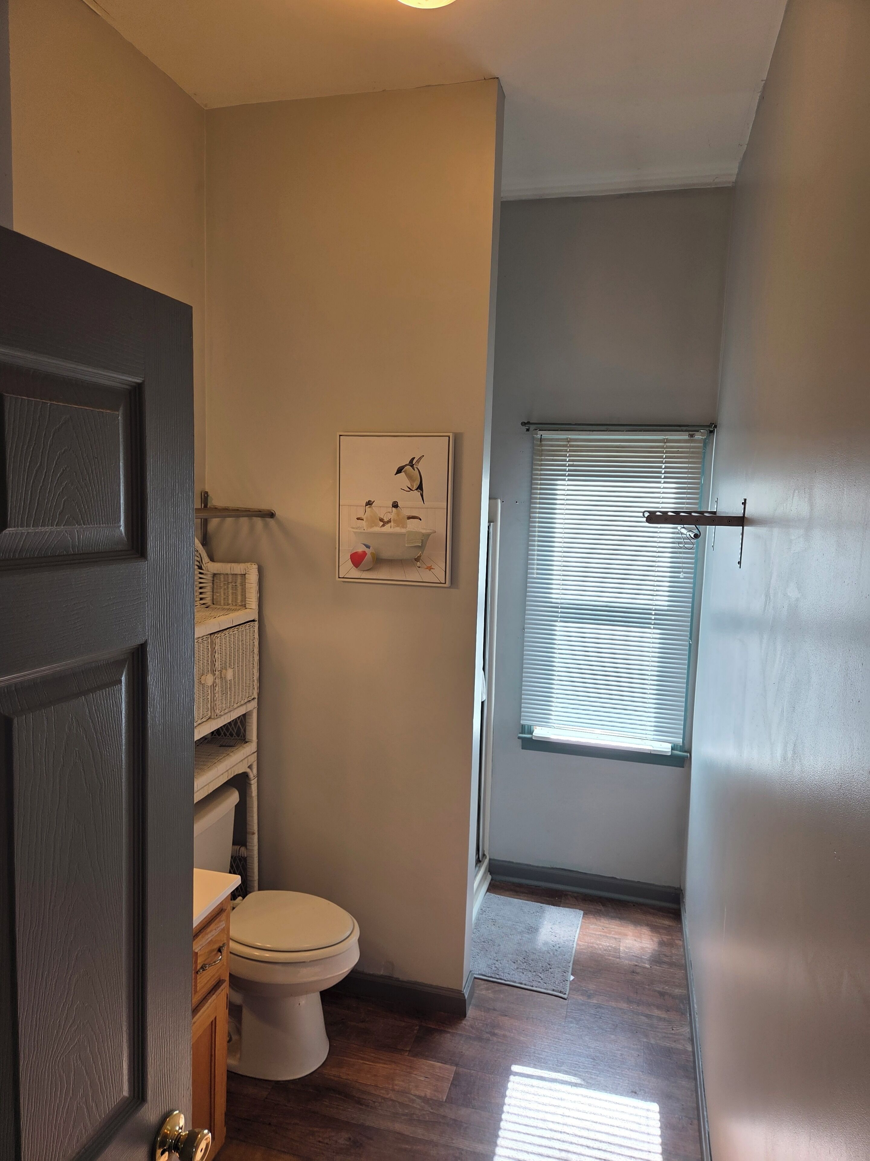 Un baño con inodoro, cestas de mimbre, un cuadro enmarco y una ventana con persianas.