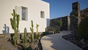 A modern building with a white facade, a stone wall, and a cactus garden. - Heavenly views from Villa Nites with stunning infinity pool (Megas Gialos)