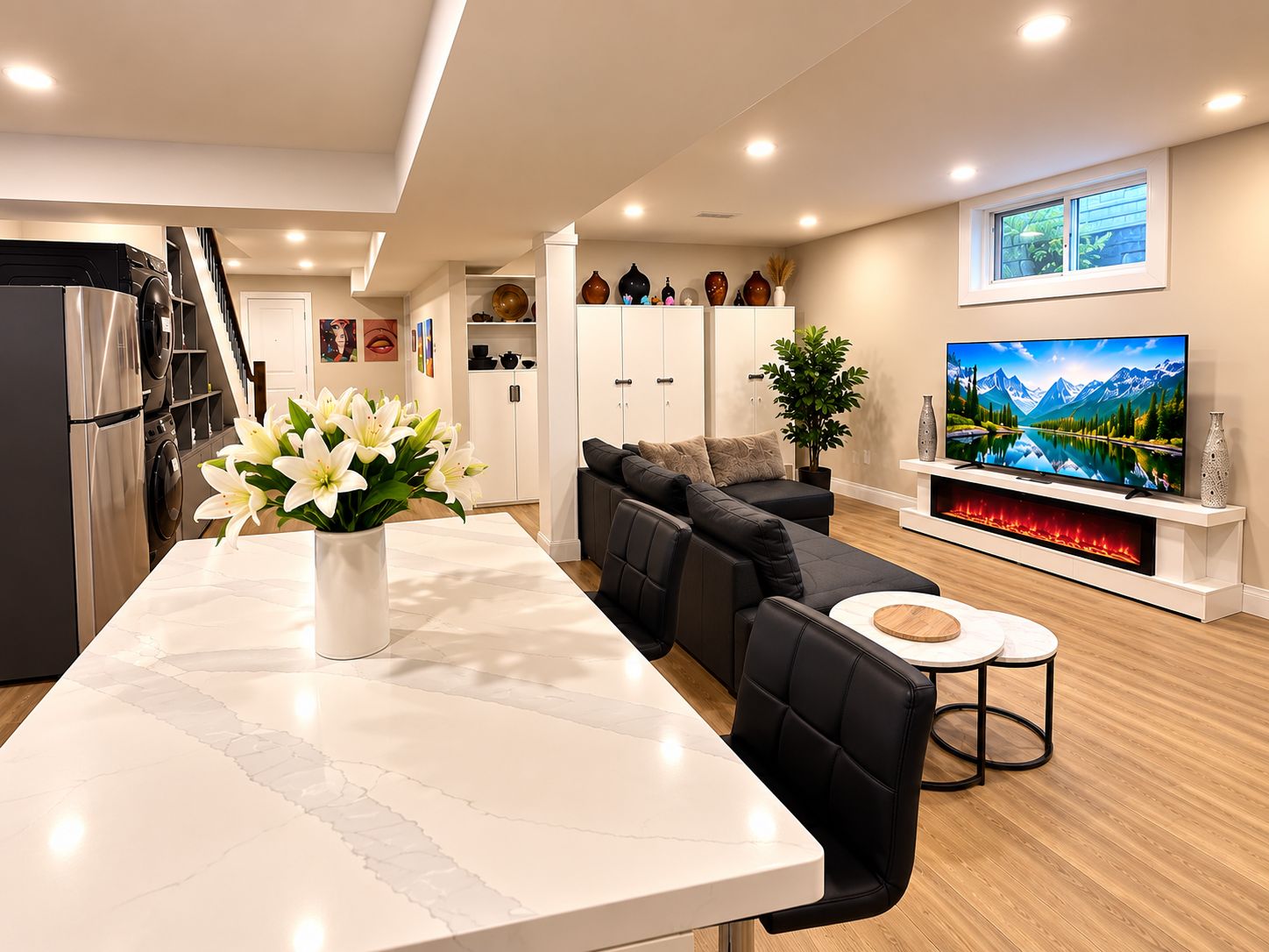 Living room with smart tv and fireplace 
