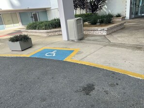 En parkeringsplats med en parkeringsplats avsedd för rörelsehindrade, en byggnadsingång och en planteringslåda med växter.