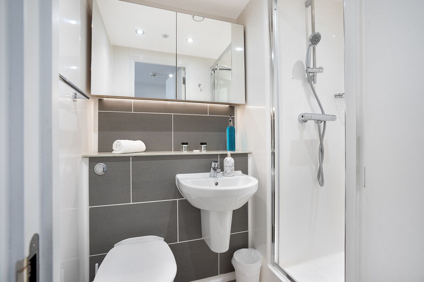 A modern bathroom with a white sink, a toilet, a shower, and a mirror above the sink.