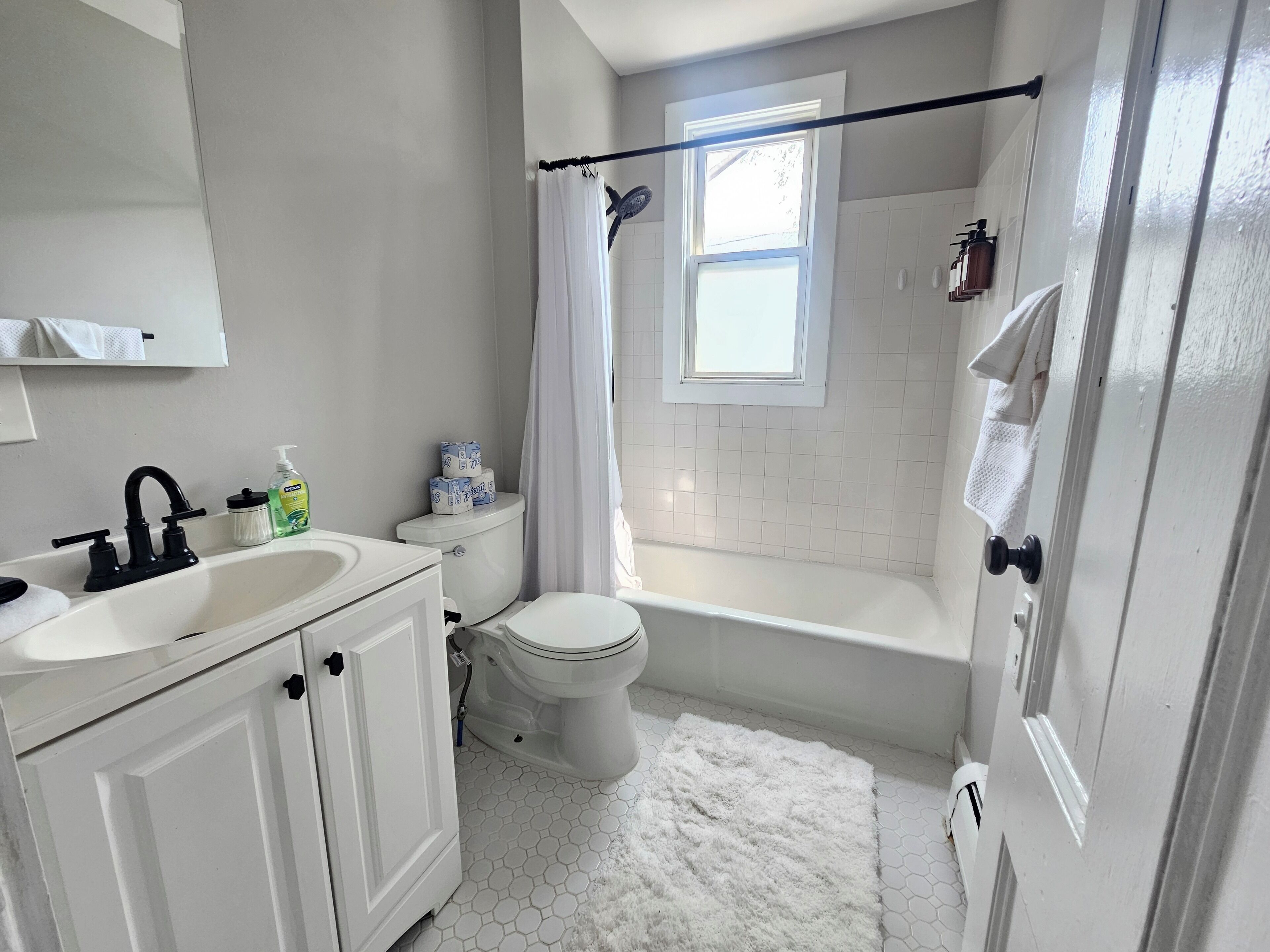 Hair dryer, towels, soap, toilet paper