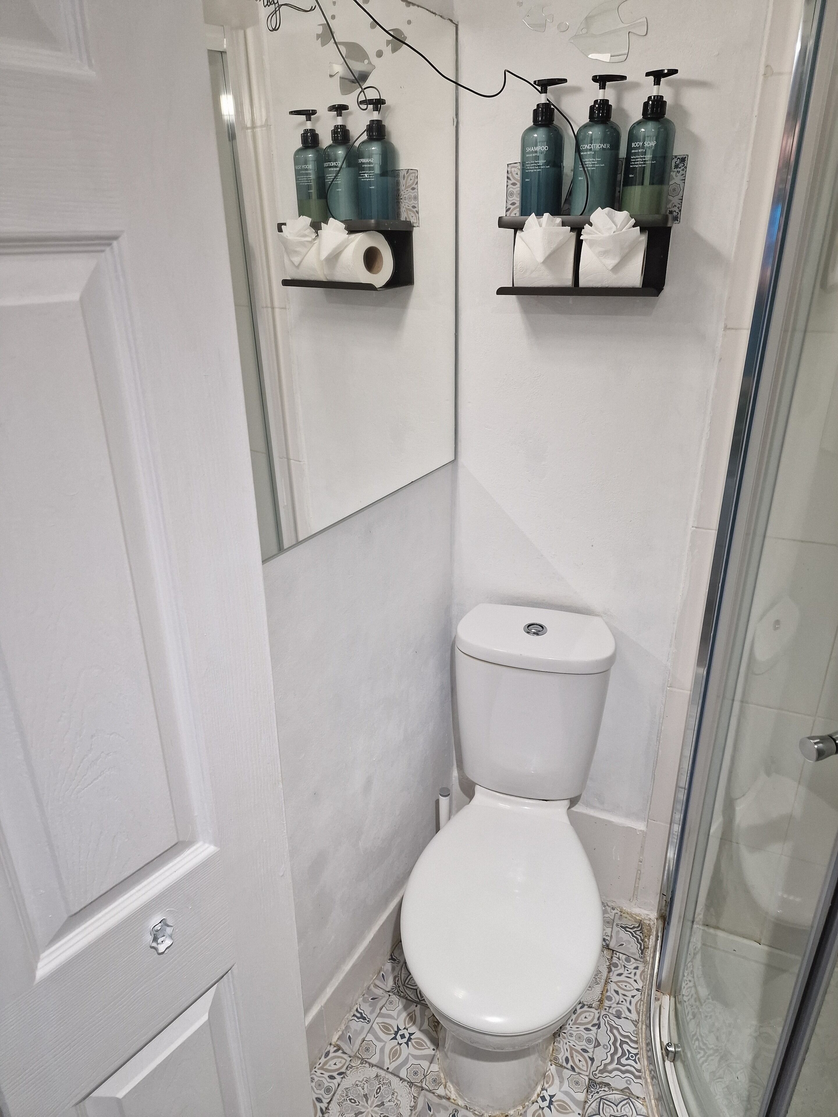 Chuveiro, secador de cabelo, toalhas de banho, sabonete