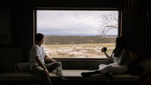 Two people sitting on a sofa by a large window with a view of a herd of sheep.