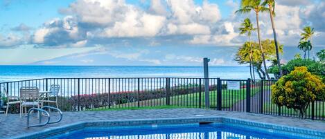 Une piscine avec vue sur l’océan et les palmiers.