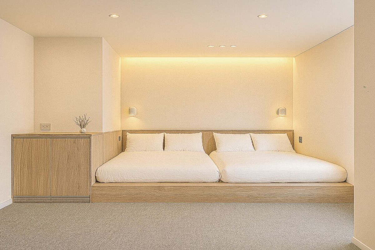 A bedroom with a bed, bedside tables, and a small cabinet.
