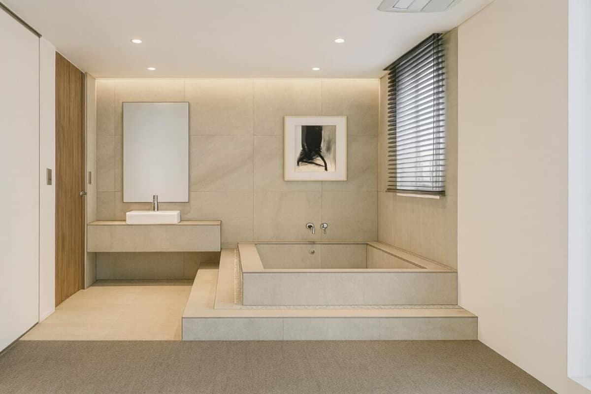 A modern bathroom with a large bathtub, a sink, and a mirror.