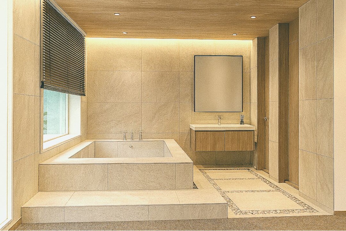 A modern bathroom with a freestanding bathtub, a sink, and a large mirror.