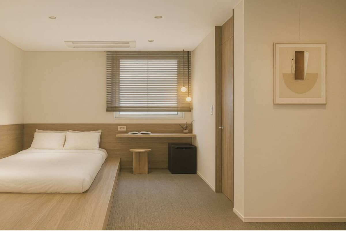 A hotel room with a bed, bedside table, and a small trash bin.