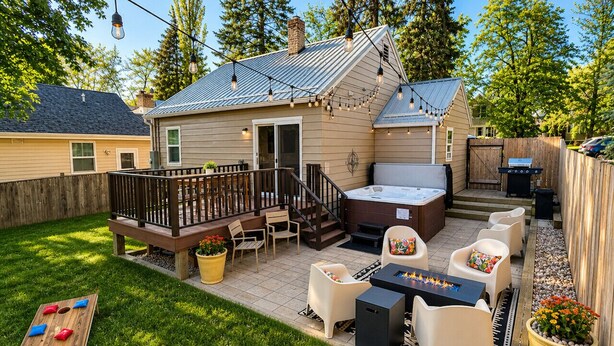 Un patio trasero con jacuzzi, asientos exteriores, una terraza de madera y una guirnalda de luces.
