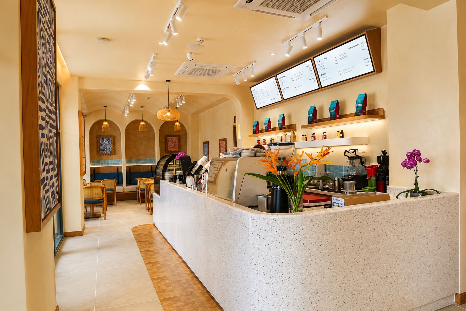 A hotel reception area with a counter, seating, and a menu board.