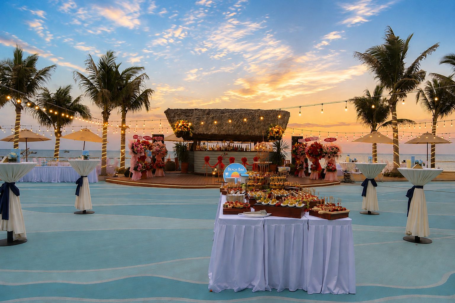 Montaje para un evento al aire libre con mesas, sillas y un escenario con un fondo temático de playa.