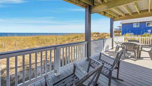 A wooden deck with a view of the beach and ocean. - Anthem of the Sun | Oceanfront | Private Pool and Hot Tub (Virginia Beach)