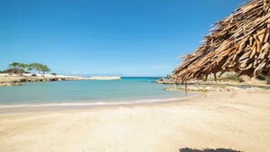 Une plage avec une structure recouverte de chaume, un ciel bleu clair et une mer calme.