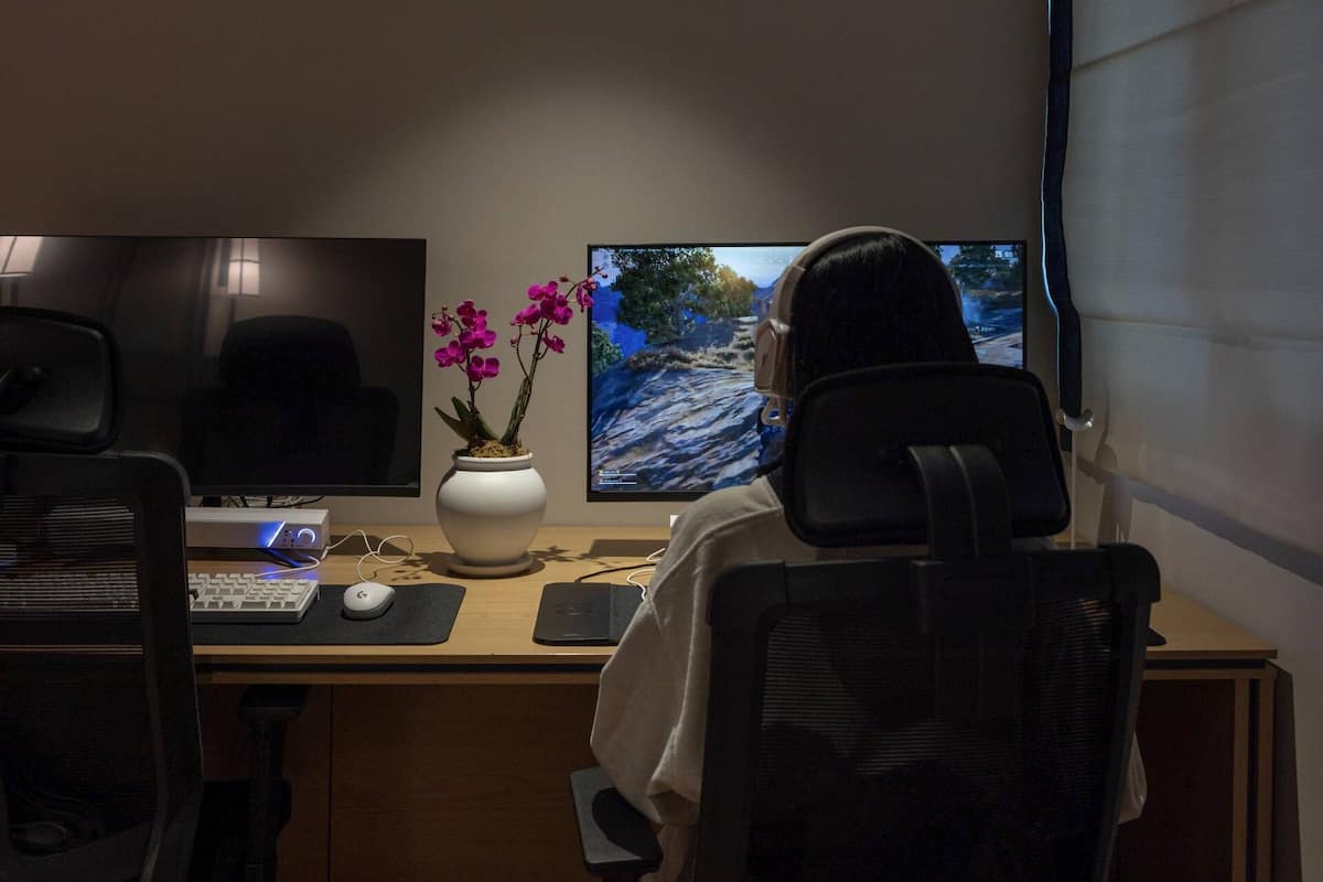 Eine Person sitzt an einem Schreibtisch mit zwei Monitoren, einer Tastatur, einer Maus und einer Vase mit Blumen.