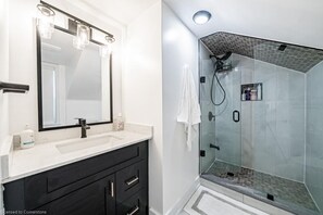 Hair dryer, bidet, towels, soap