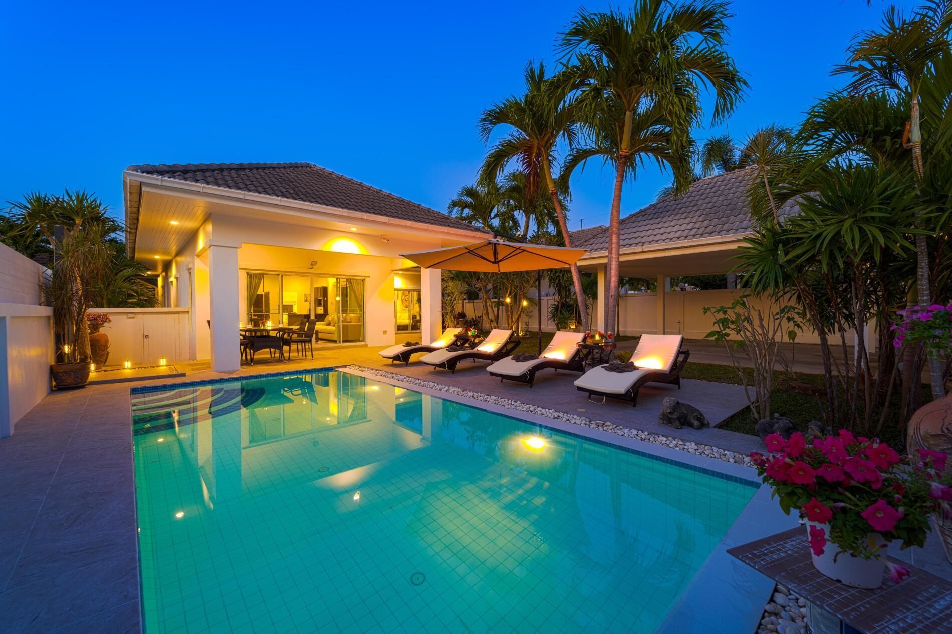 Outdoor pool, pool umbrellas, pool loungers