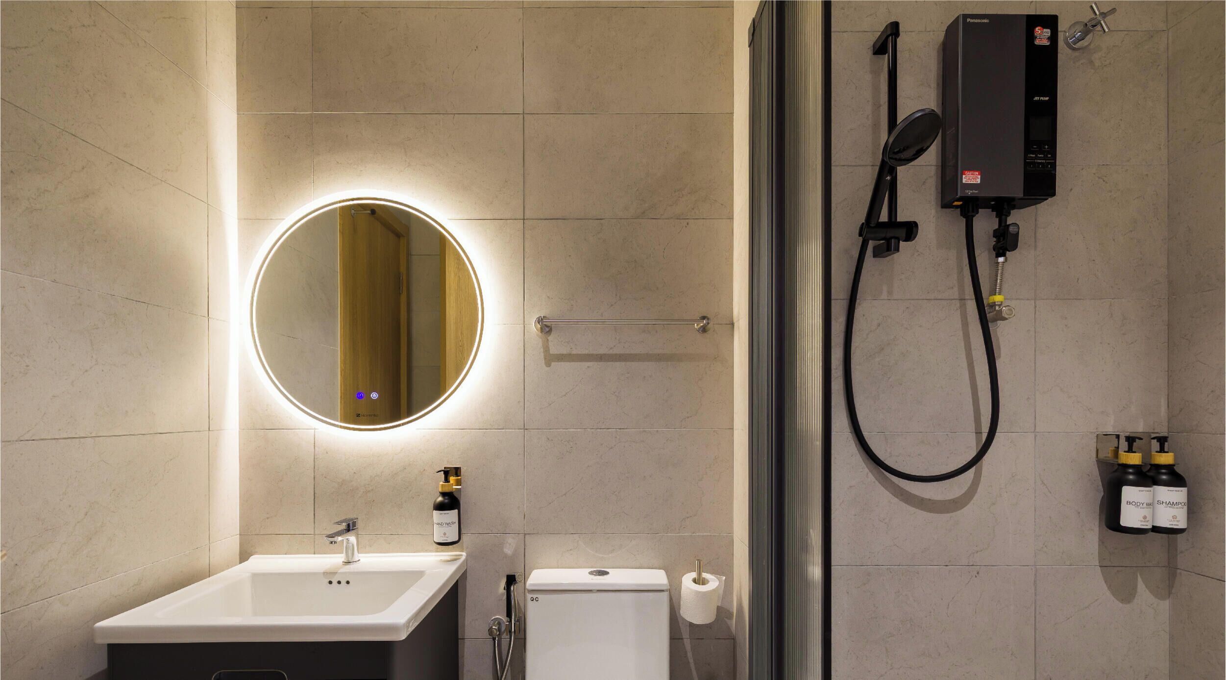 Japandi One Bedroom Suites | Bathroom | Shower, hydromassage showerhead, hair dryer, bidet