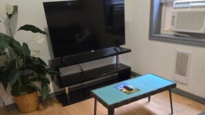 Ein Wohnzimmer mit Flachbildfernseher, Couchtisch, grauem Sofa, weißem Kissen mit Augenmuster und einem Blumentopf.