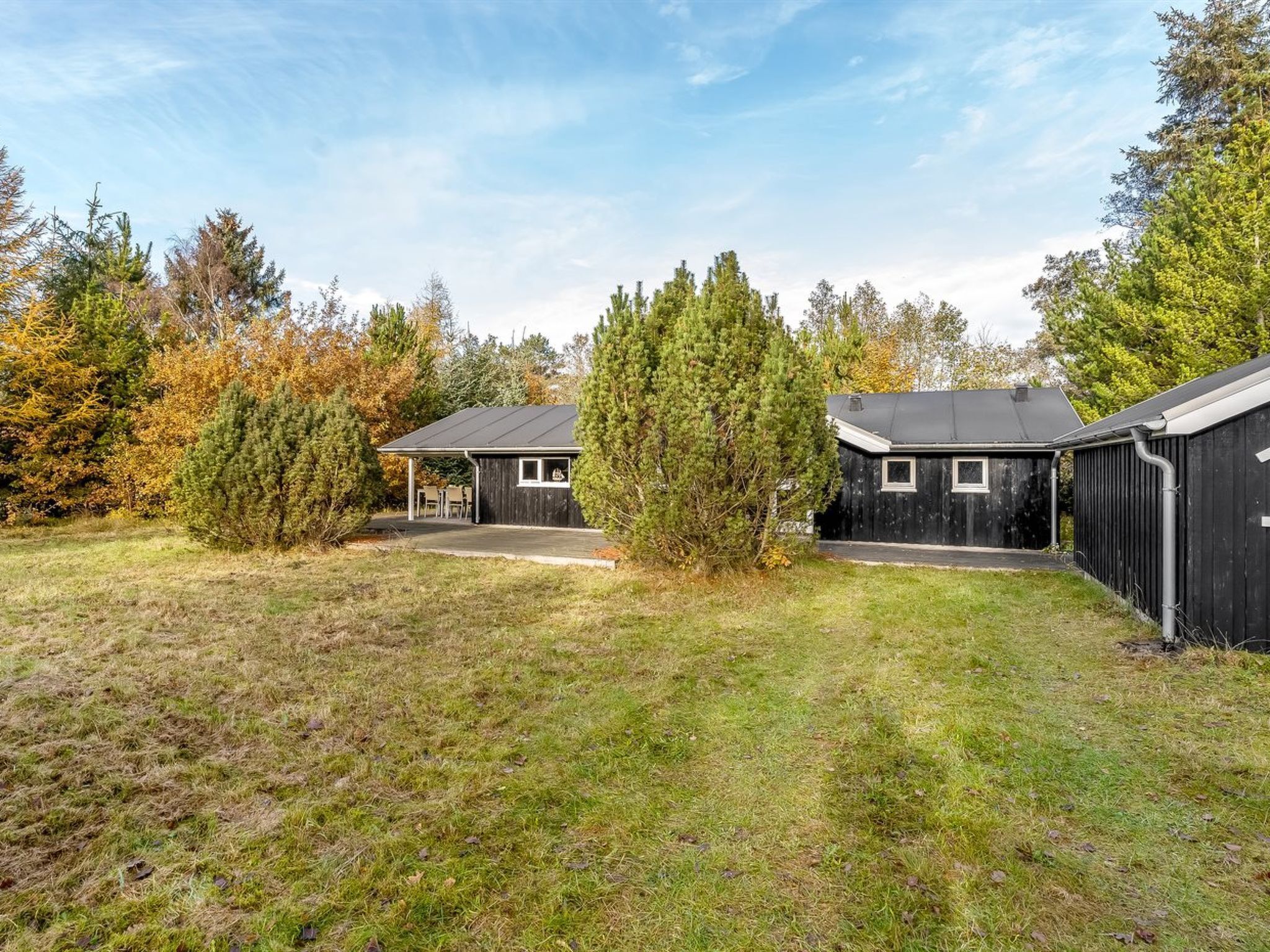 A property with two cabins, a covered outdoor seating area, and a grassy yard with trees.
