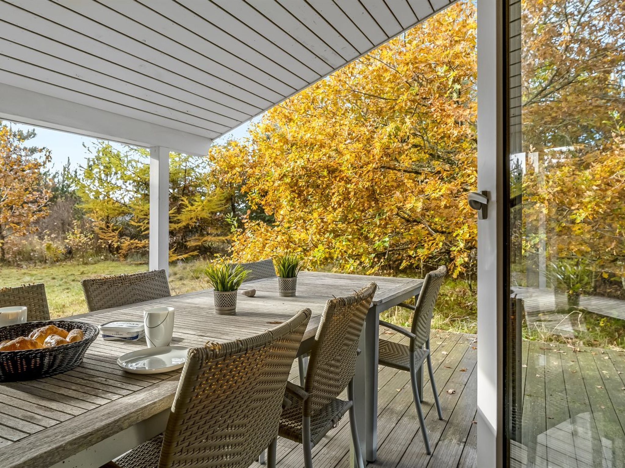 A covered patio with a wooden table and wicker chairs, surrounded by autumn foliage.
