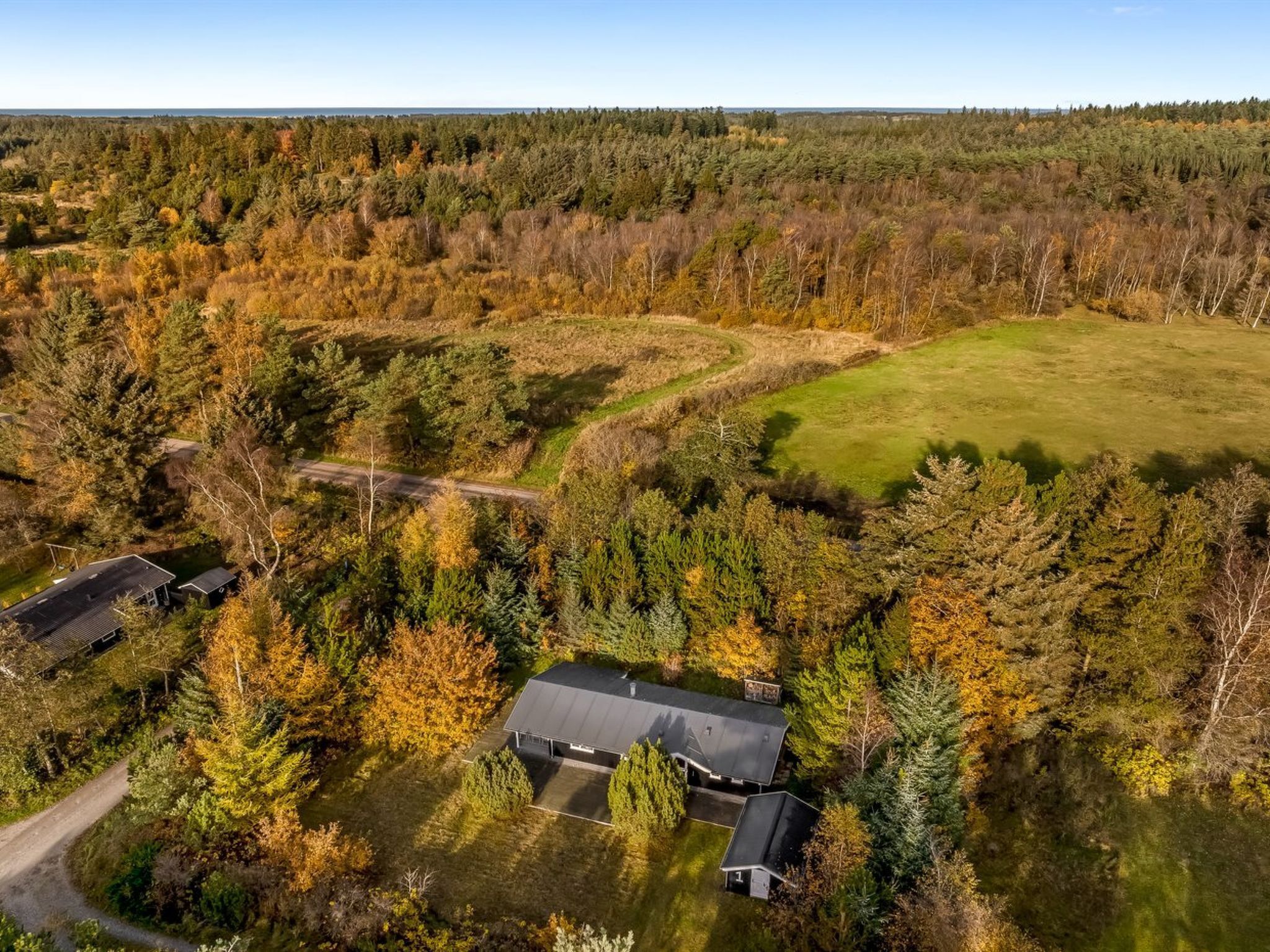An aerial view of a property surrounded by dense forest with a large house featuring a spacious yard and a driveway.