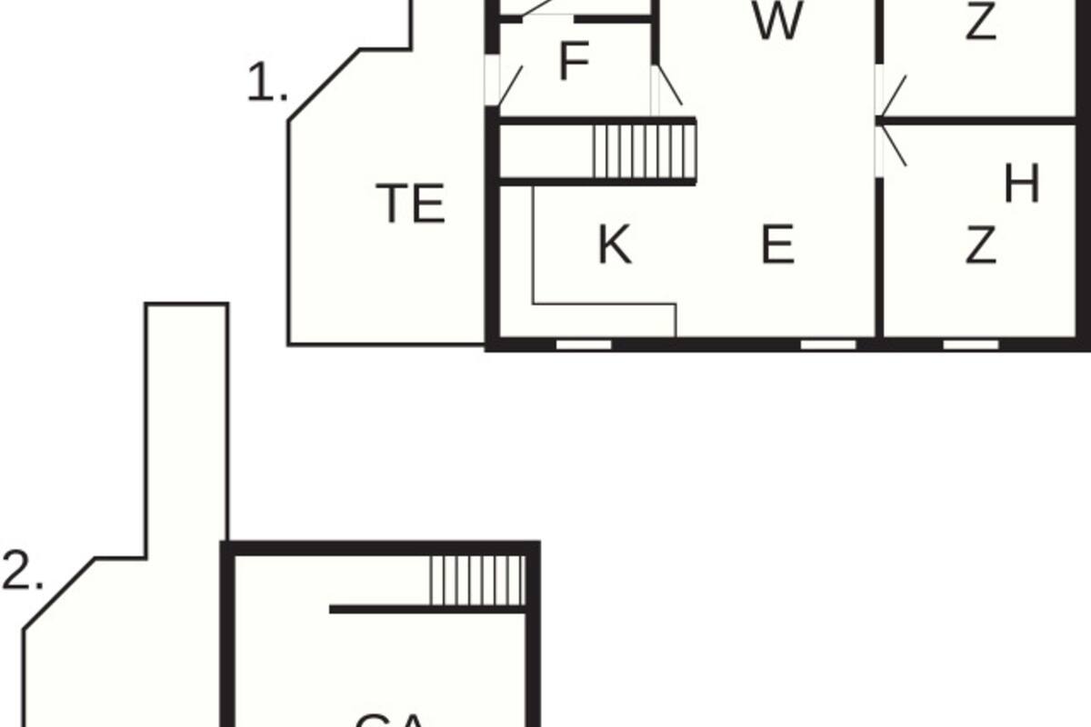 Un plan d’étage indiquant les différentes pièces : TE, B, F, K, W, E, Z, H et GA.