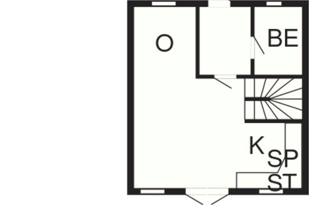 A floor plan with two rooms labeled 'O' and 'RE'. Room 'O' has a bathroom ('BE') and a kitchen ('KSPST'). Room 'RE' has a bathroom ('VV1').